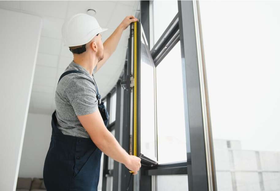 Man Installing Glass window with Aluminum Chanel